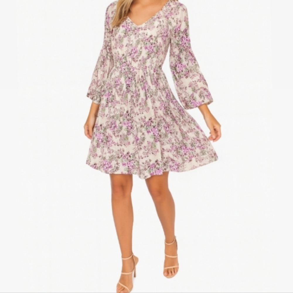 Robert Louis Dainty Pink Floral Rose Bell Sleeve Green White Pleated Dress Small